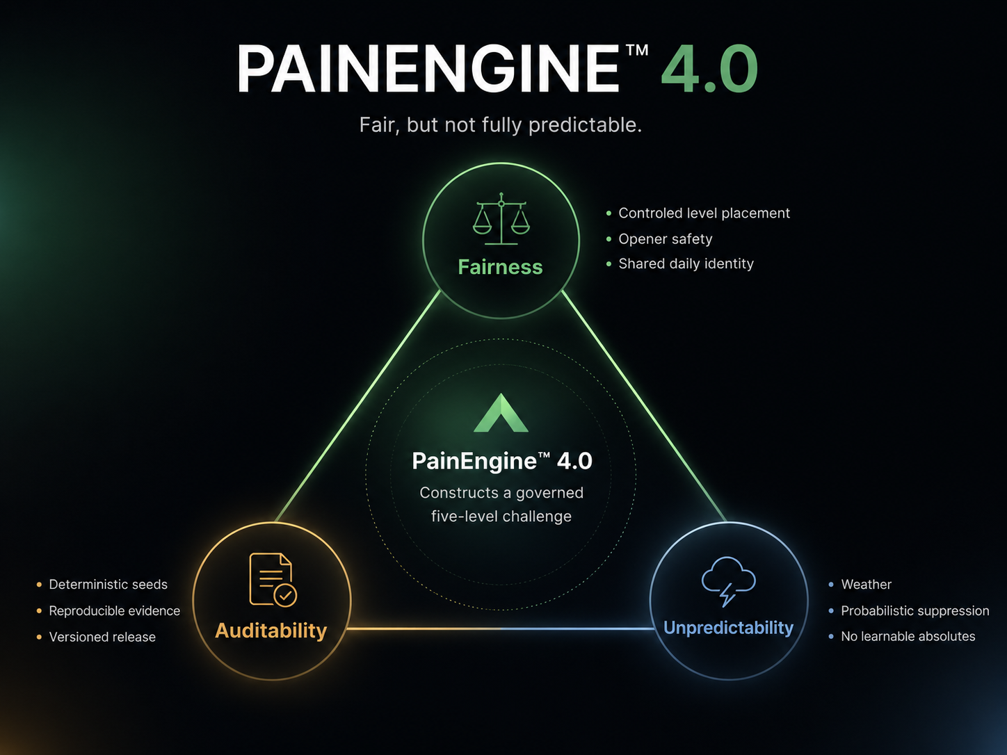 PainEngine 4.0 balancing fairness, unpredictability and auditability